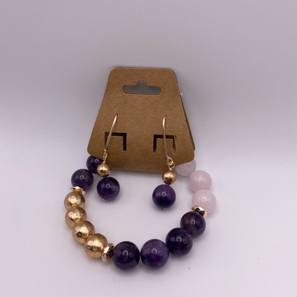 Juego De Pulsera Y Zarcillos De Amatista Y Cuarzo Rosado View 4